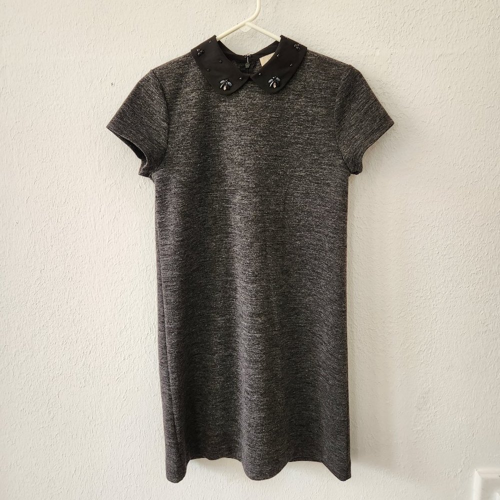 Loft Dress Womens Small Shirt Shift Dress Charcoal Gray Peter Pan Collar Beaded